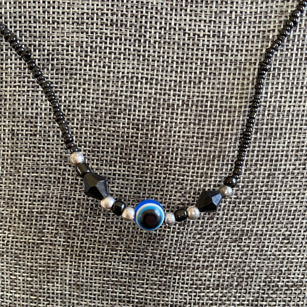 Handmade Black Bead Necklace with Blue Evil Eye Accent
